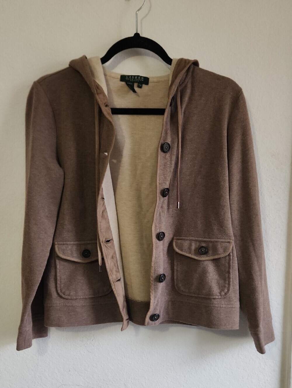 Y2k Minimalist Preppy Lauren Ralph Lauren Vintage Tan Hooded Button Jacket P/M